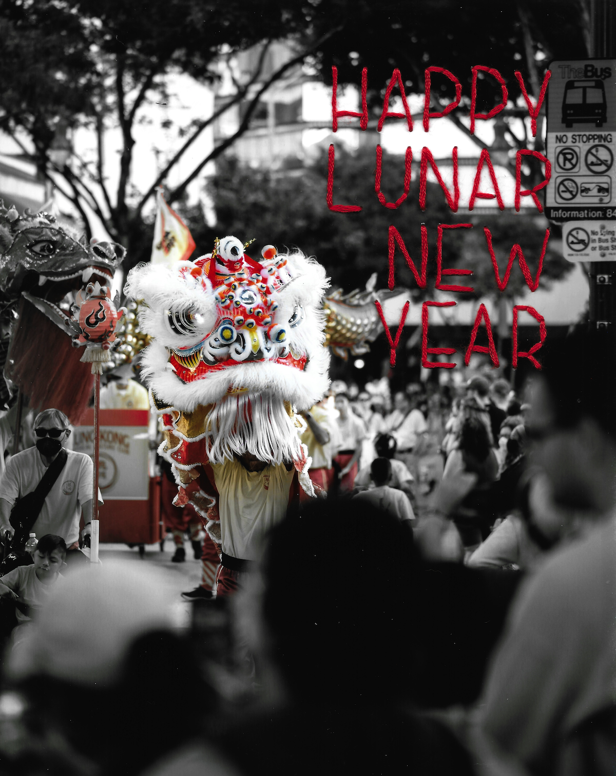 Photo of dragon dancer at the Lunar New Year celebration in Honolulu. The words Happy Lunar New Year are embroidered in thread on the photo.
